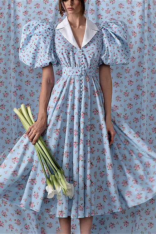 Puff Sleeve Collared High Waist Button A Line Floral Dress