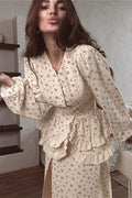 Puff Sleeve V Neck Ruffled Belted Split Floral Dress