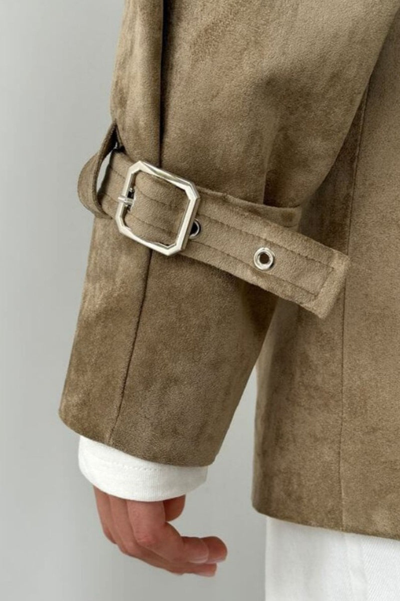 Retro Suede Lapel Tie Waist Jacket Coat