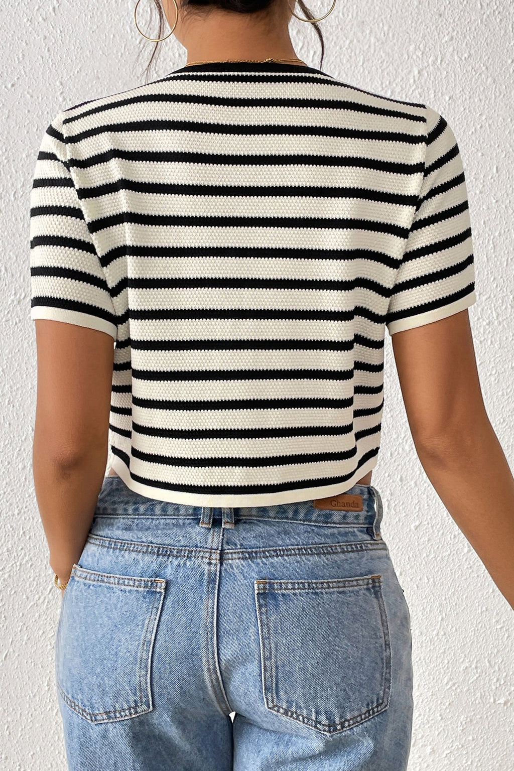 Striped Front-Tie Knit Short Sleeve Cardigan