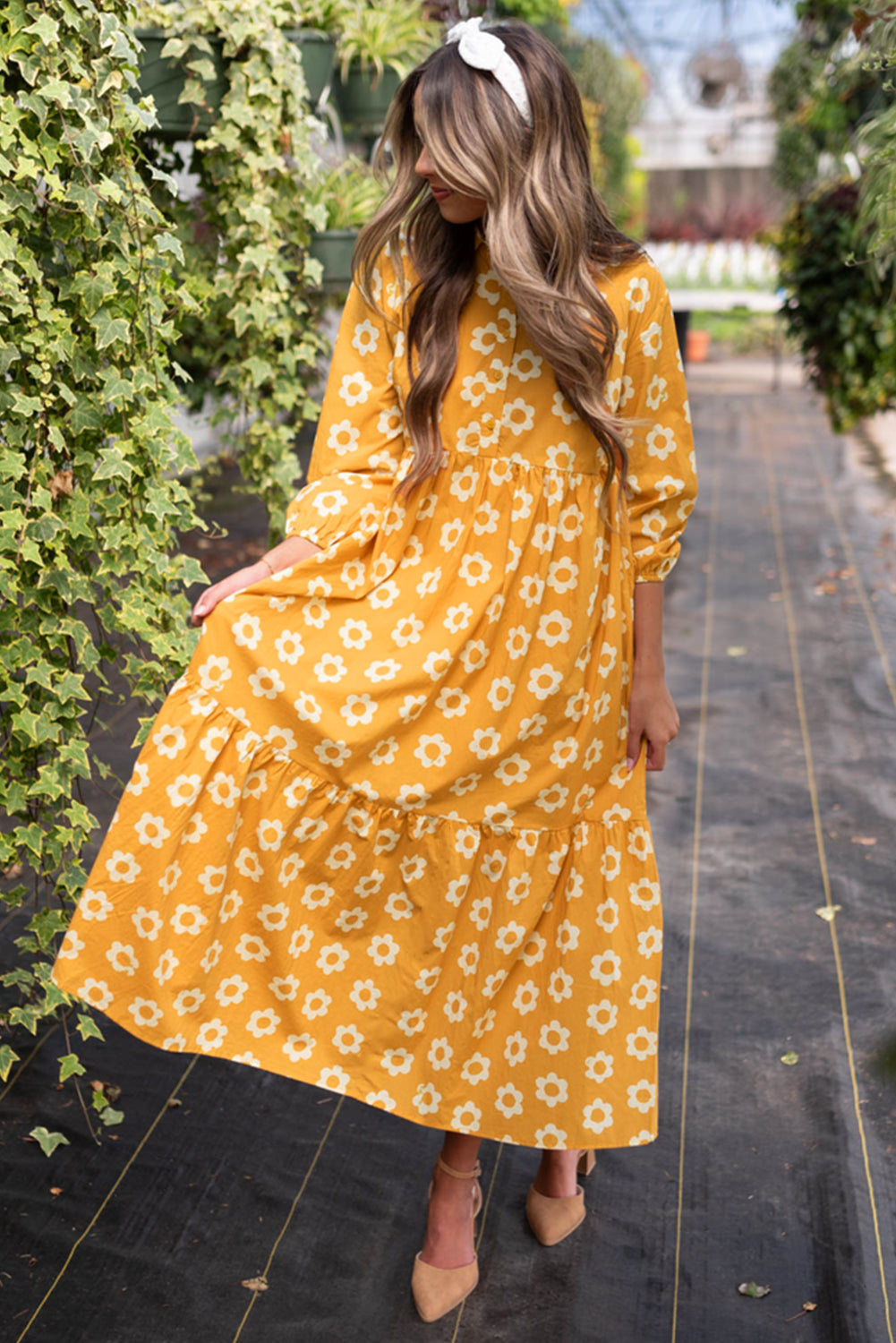 Yellow Flower Print Bracelet Sleeve Collared Maxi Dress