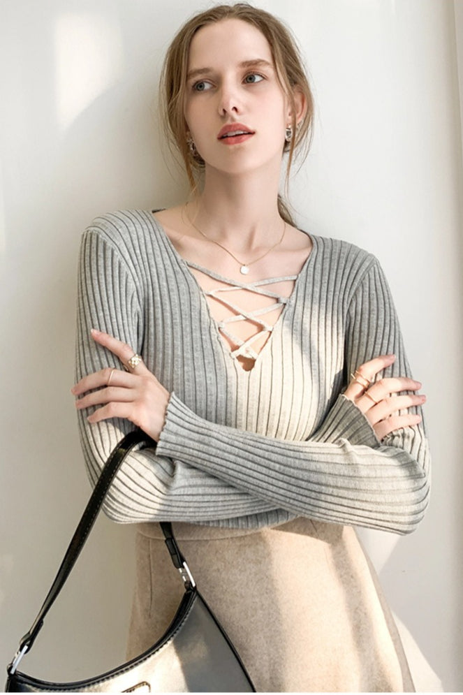 Slim Lace Up V Neck Sweater