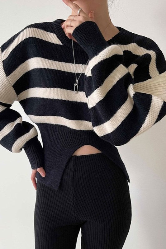Cutout Waist Striped Sweater