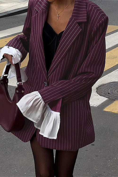 Lace Striped Loose Flared Sleeve Blazer Coat