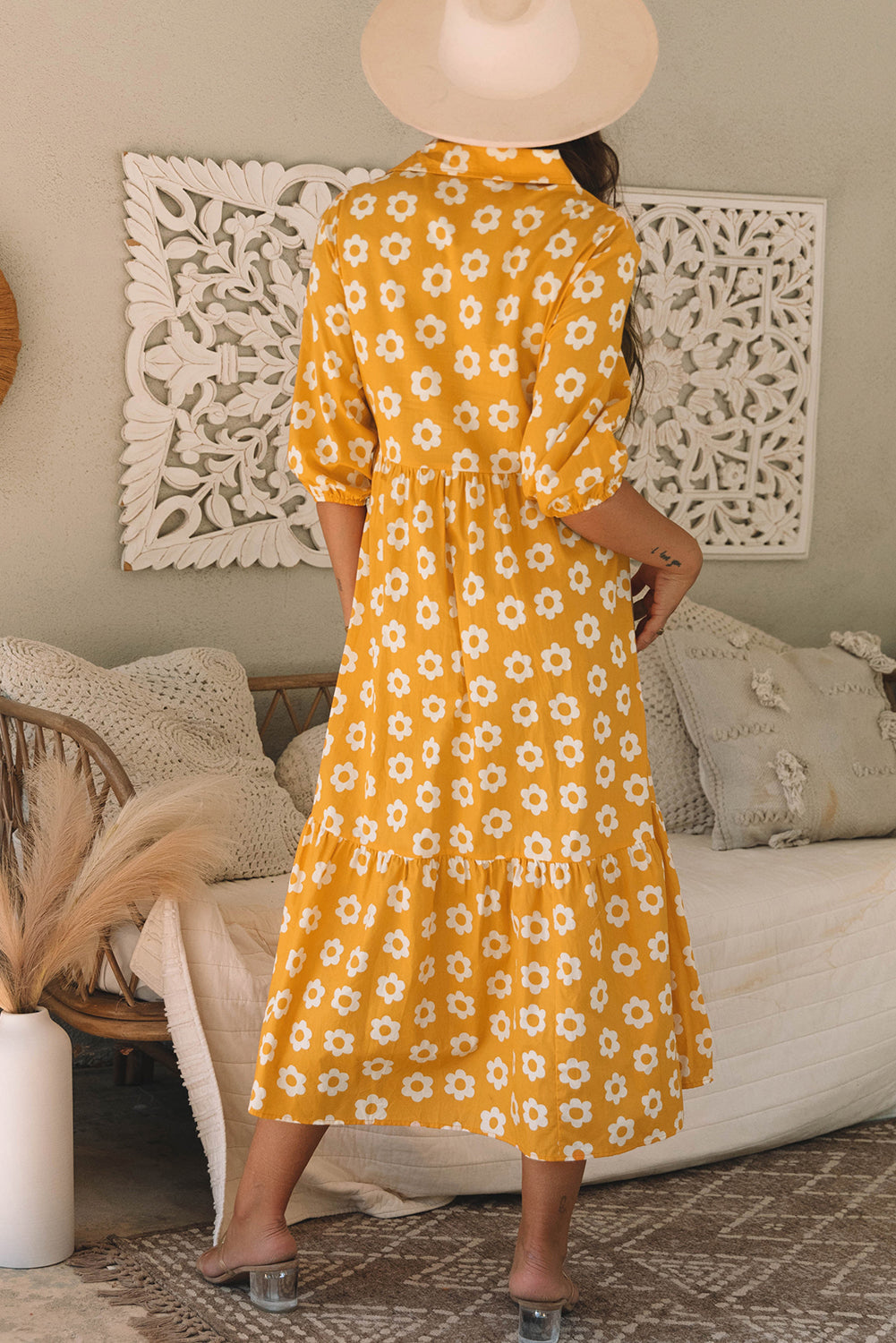 Yellow Flower Print Bracelet Sleeve Collared Maxi Dress
