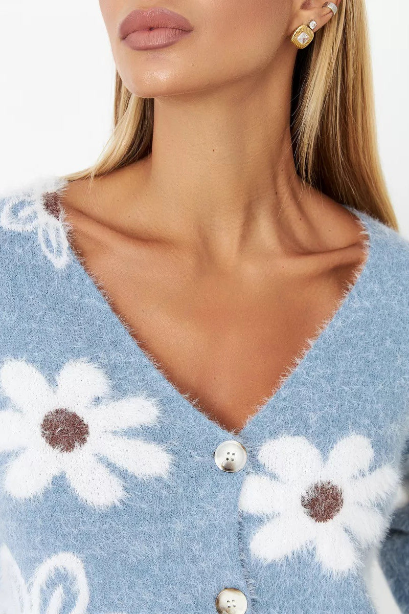 Floral V-Neck Knit Long Sleeve Cardigan