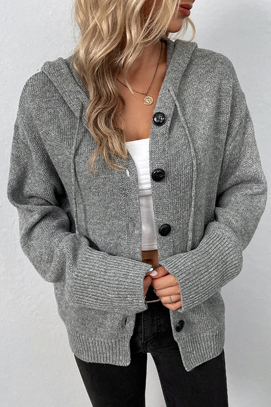 Simple Hooded Button Drawstring Knit Cardigan