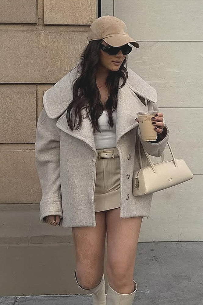 Retro Solid Collared Long Sleeve Wool Coat