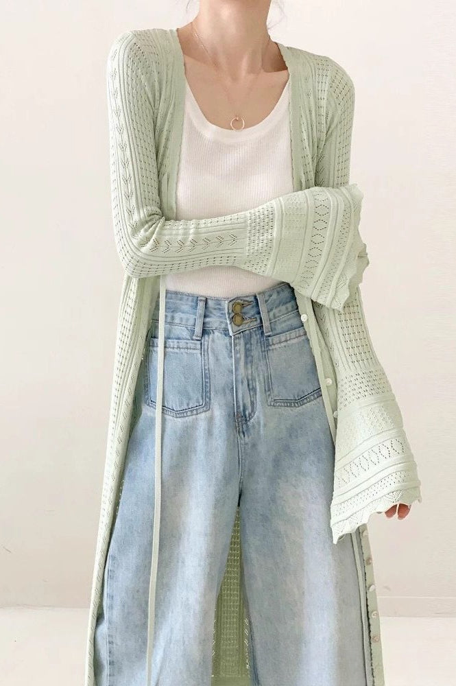 Light Green V-Neck Lace-Up Midi Cardigan