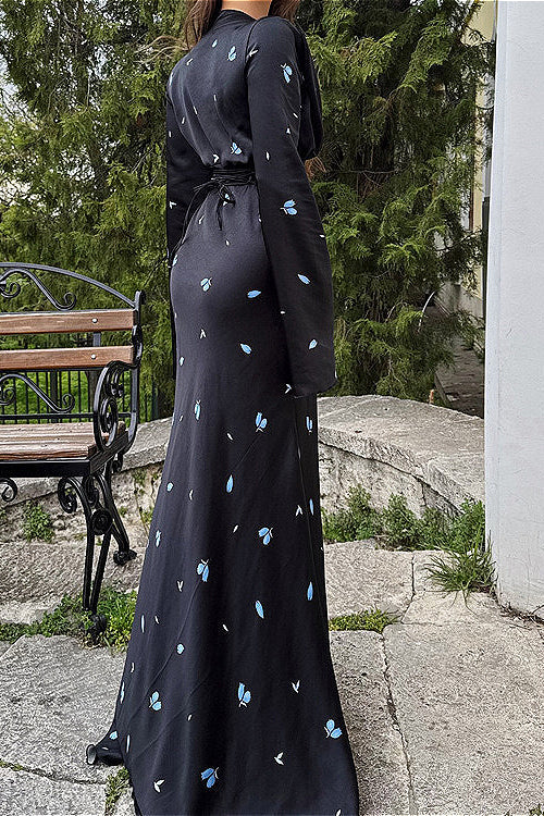 Satin V Neck Long Sleeve Tie Waist Maxi Floral Dress