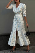 V Neck Ruched Waist Chic Floral Dress