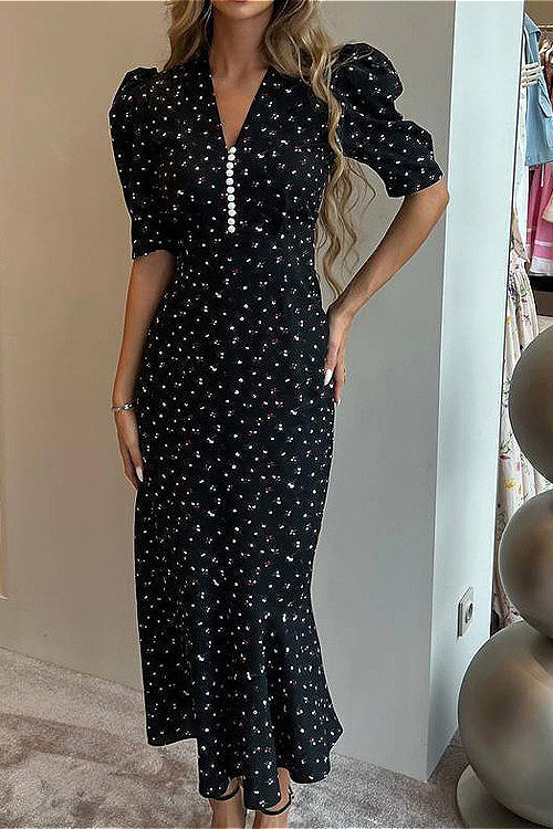 V Neck Ruffled Short Sleeve Floral Dress