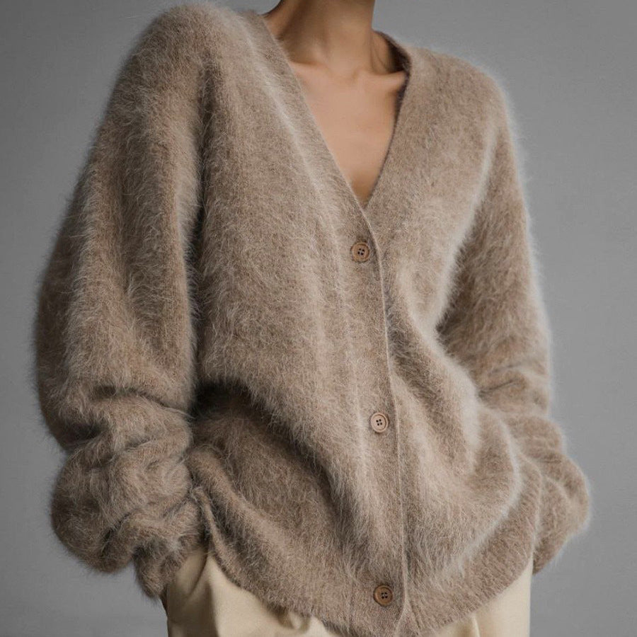V-Neck Mink Yarn Knit Cardigan
