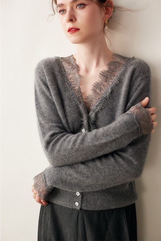 Cashmere Lace-Edge V-Neck Knit Cardigan