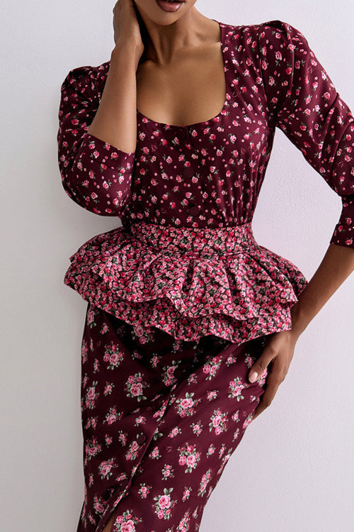 Square Neck Printed Ruffled Belt Floral Dress