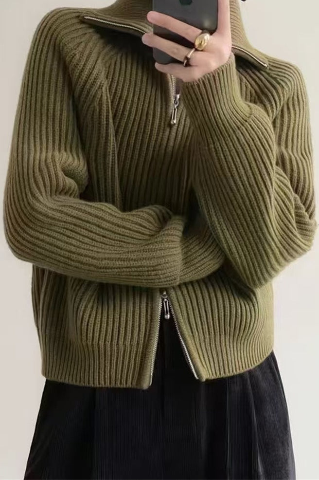 Ribbed High Neck Zip Sweater