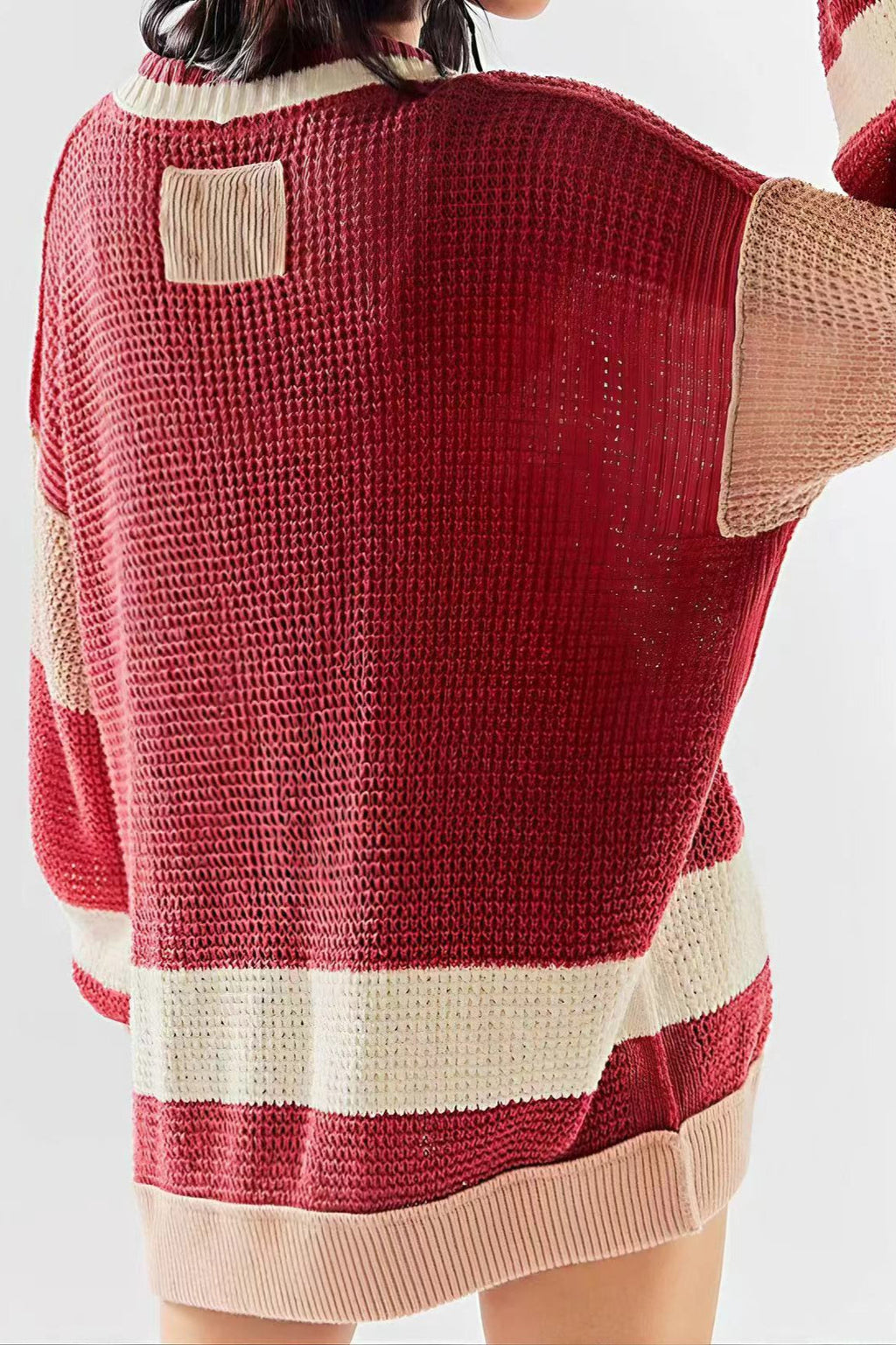 Striped Contrast Deep V-Neck Knit Cardigan