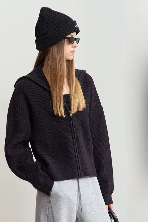 Sailor-Collar Zip Cozy Knit Cardigan