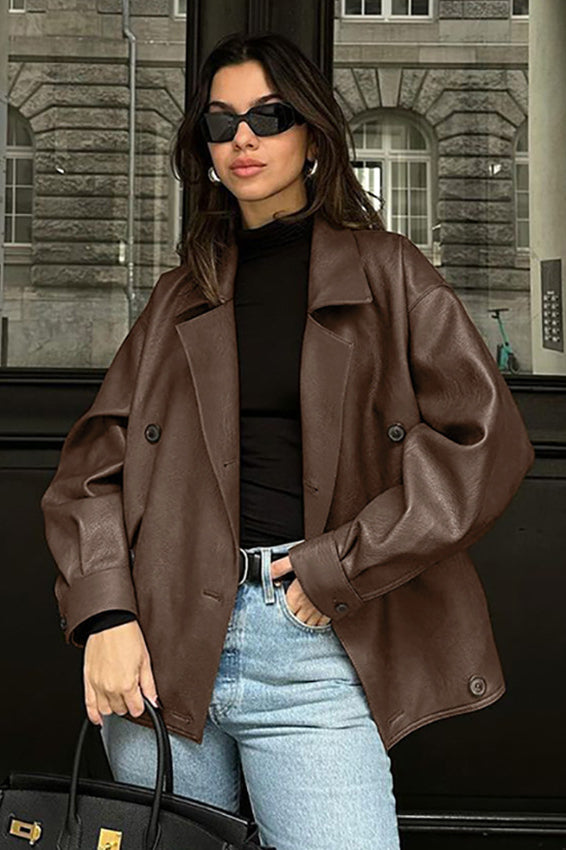 Retro Brown Leather Blazer Coat