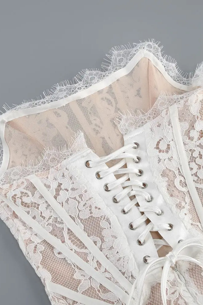 Lace Sheer Patch Strapless Floral Dress