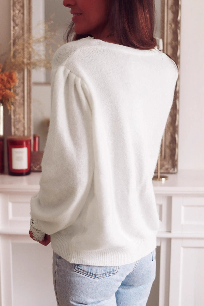 Lace V-Neck Relaxed Solid Knit Cardigan