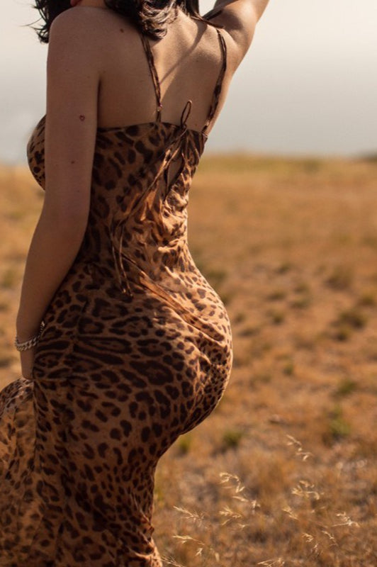 Leopard Print Open Back Fitted Maxi Dress