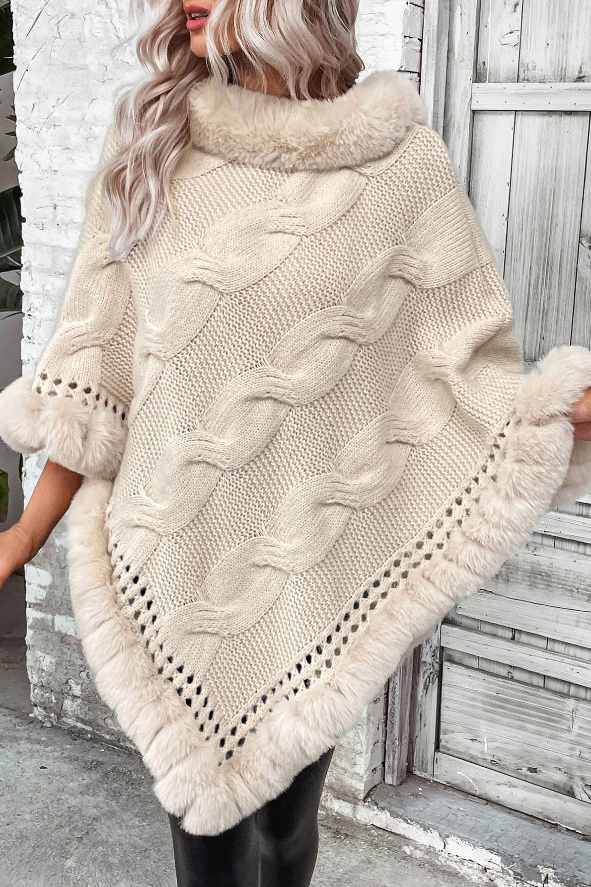 Retro Cable Knit Fleece Collar Poncho Coat