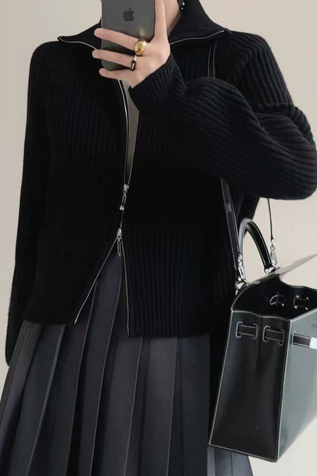 Ribbed High Neck Zip Sweater