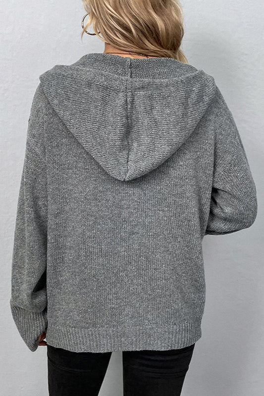 Simple Hooded Button Drawstring Knit Cardigan