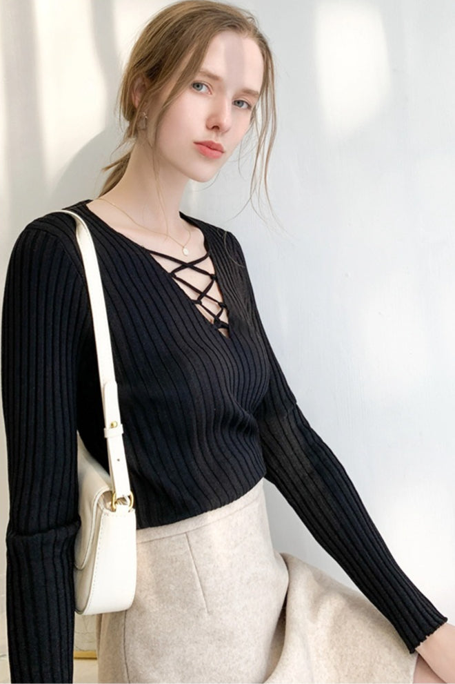 Slim Lace Up V Neck Sweater