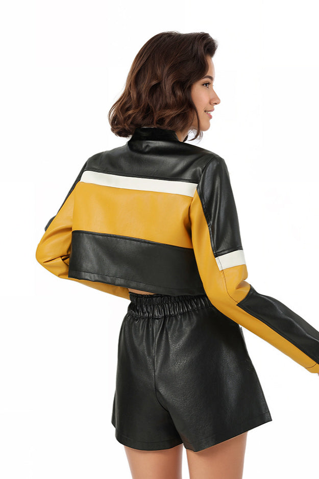 Color-Block PU Leather Biker Coat