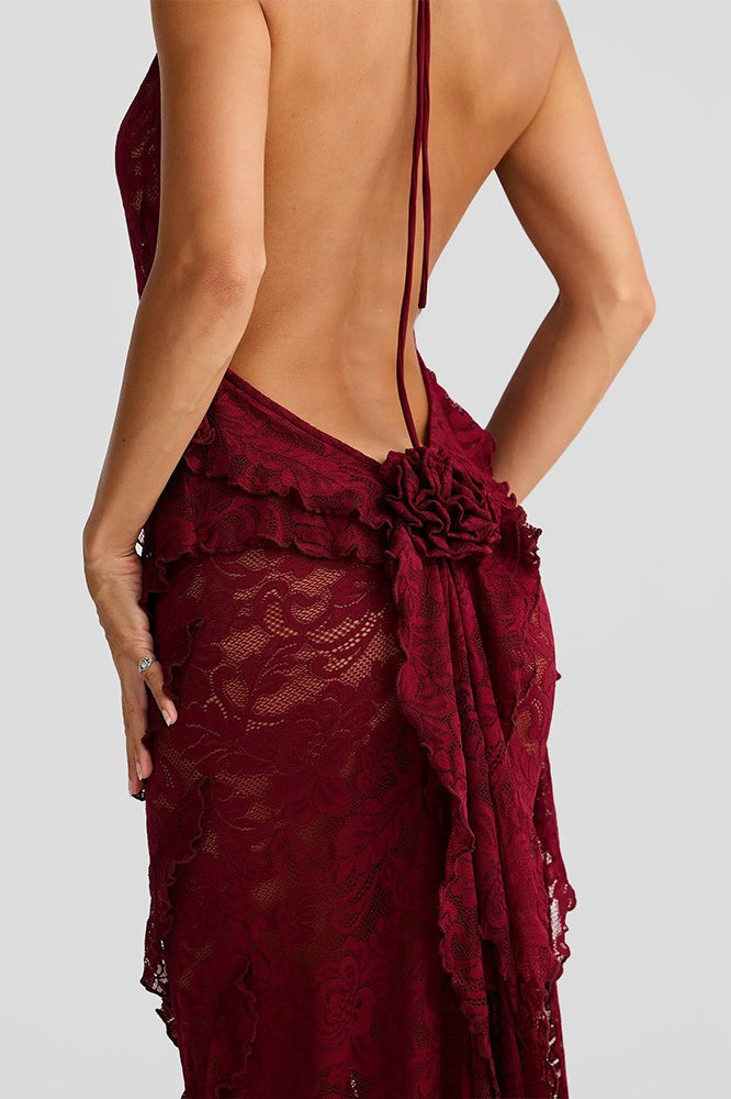 Lace Halter Open Back Maxi Dress