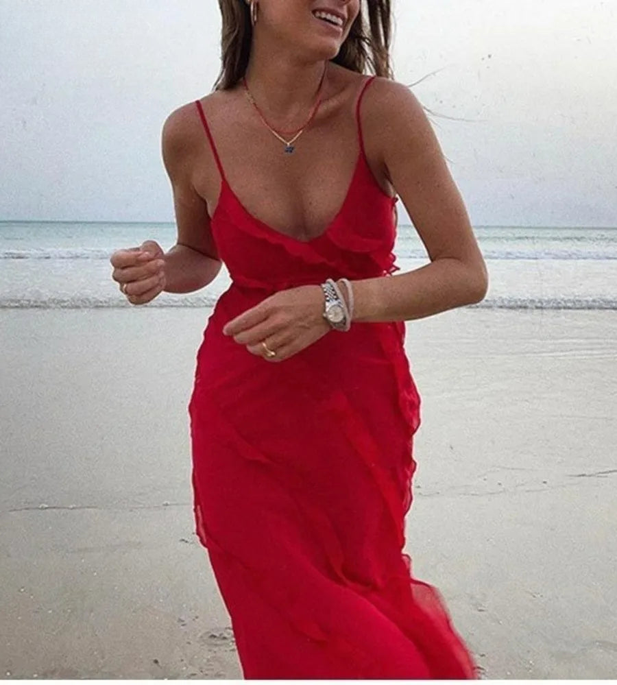Ruffles Chiffon Backless Split Red Maxi Dress