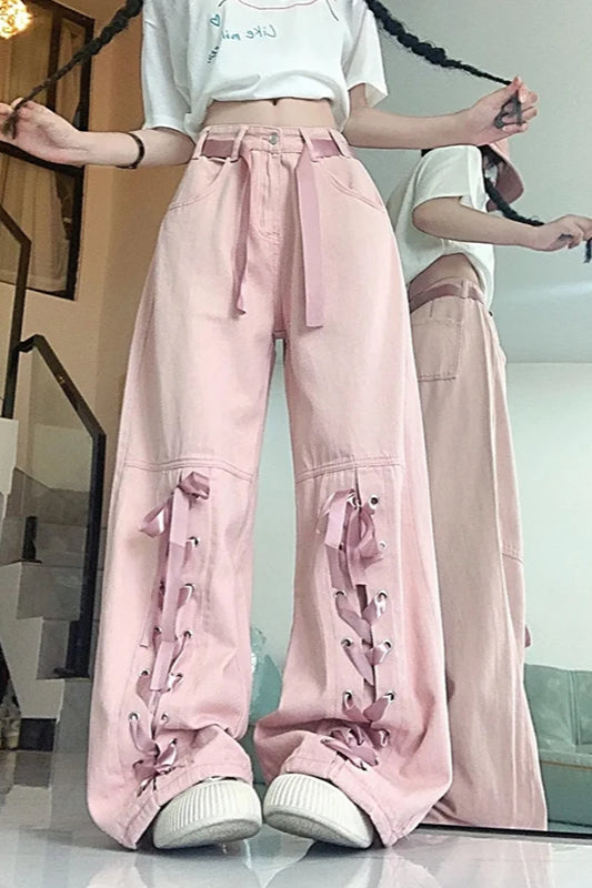 Pink Bow Tie Wide Leg Cargo Jean