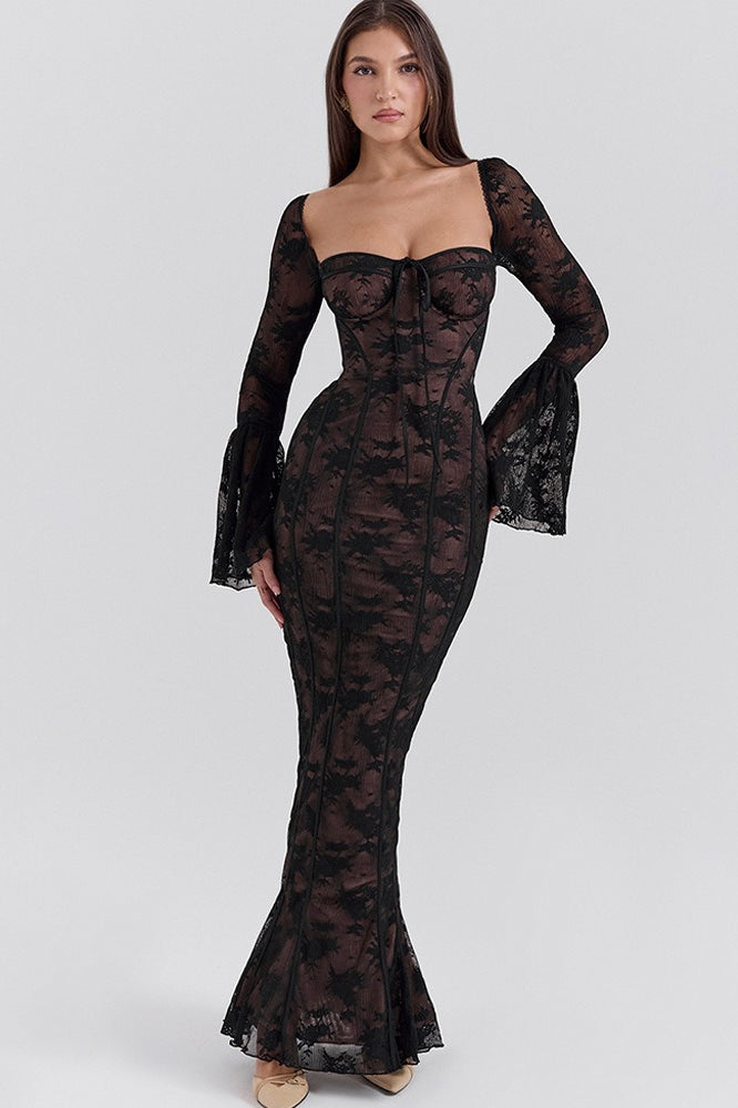 Lace Bodycon Flare Sleeve Maxi Dress
