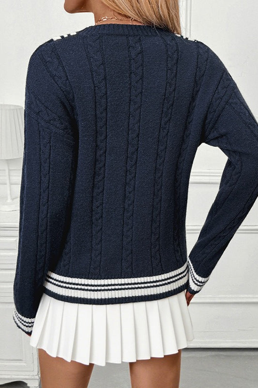 Contrast Cable Knit V Neck Sweater