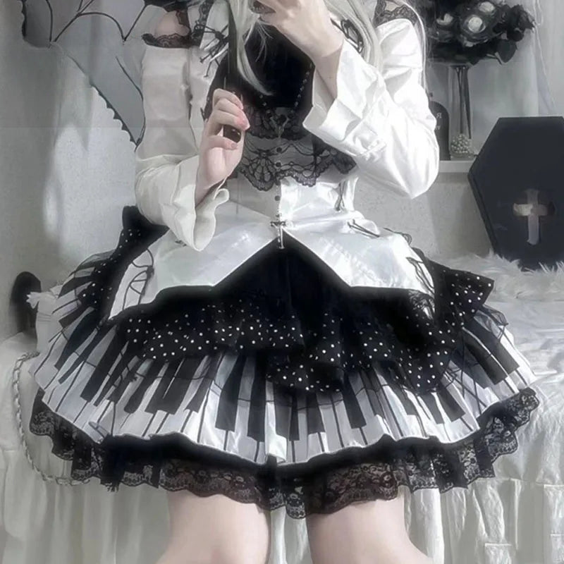 Piano Key Wave Dot Lace Gothic Lolita Mini Dress
