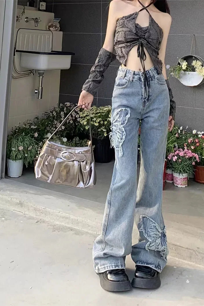 Washed Butterfly Embroidered Flare Jean