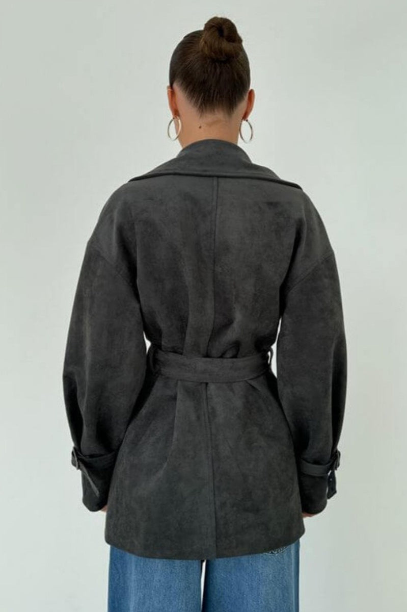 Retro Suede Lapel Tie Waist Jacket Coat