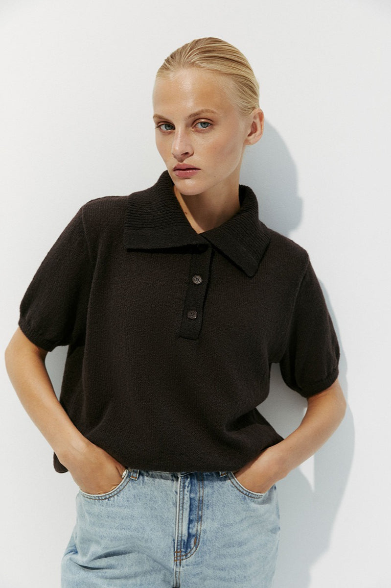 Hollow Polo Neck Knit Sweater