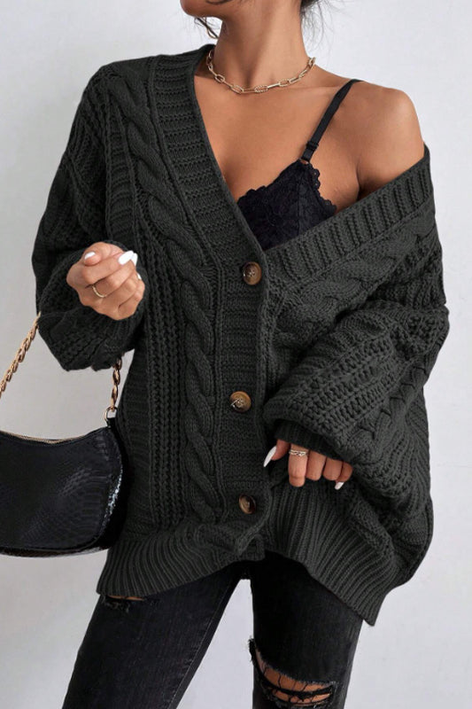 V-Neck Retro Cable Knit Puff Sleeve Cardigan