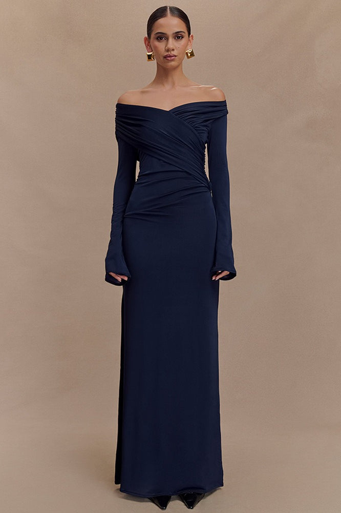 V-Neck Slim Ruched Maxi Dress