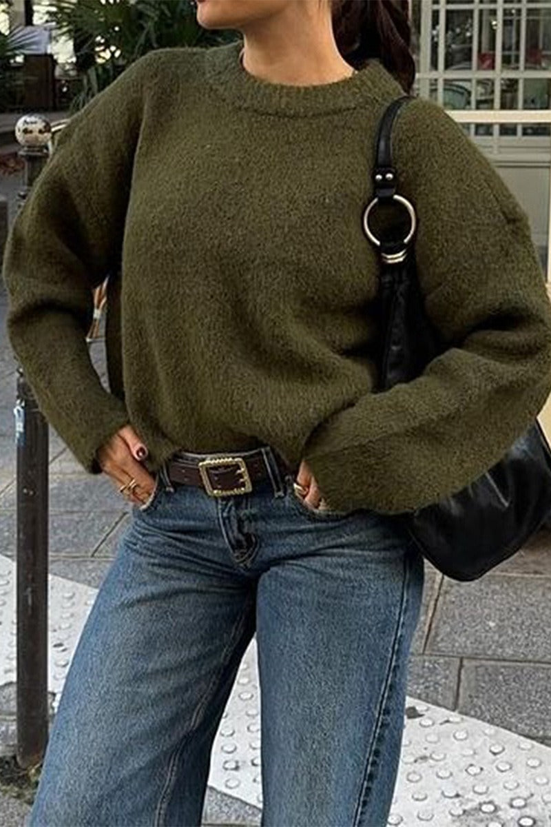 Plain Ribbed Long Sleeve Knit Sweater