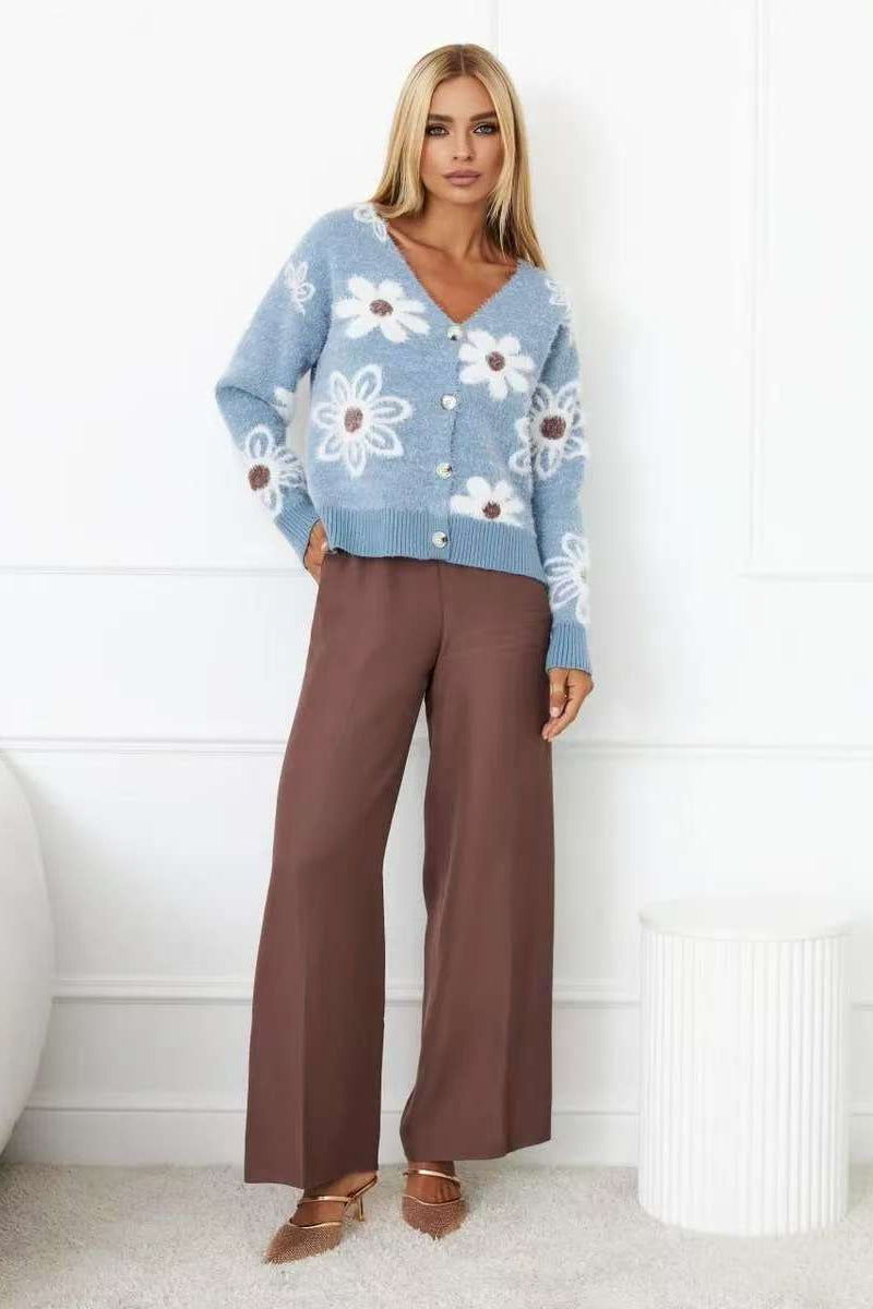 Floral V-Neck Knit Long Sleeve Cardigan