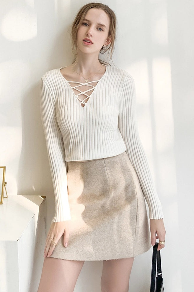 Slim Lace Up V Neck Sweater