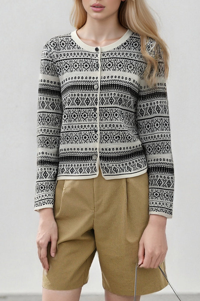 Retro Jacquard Crew-Neck Knit Cardigan