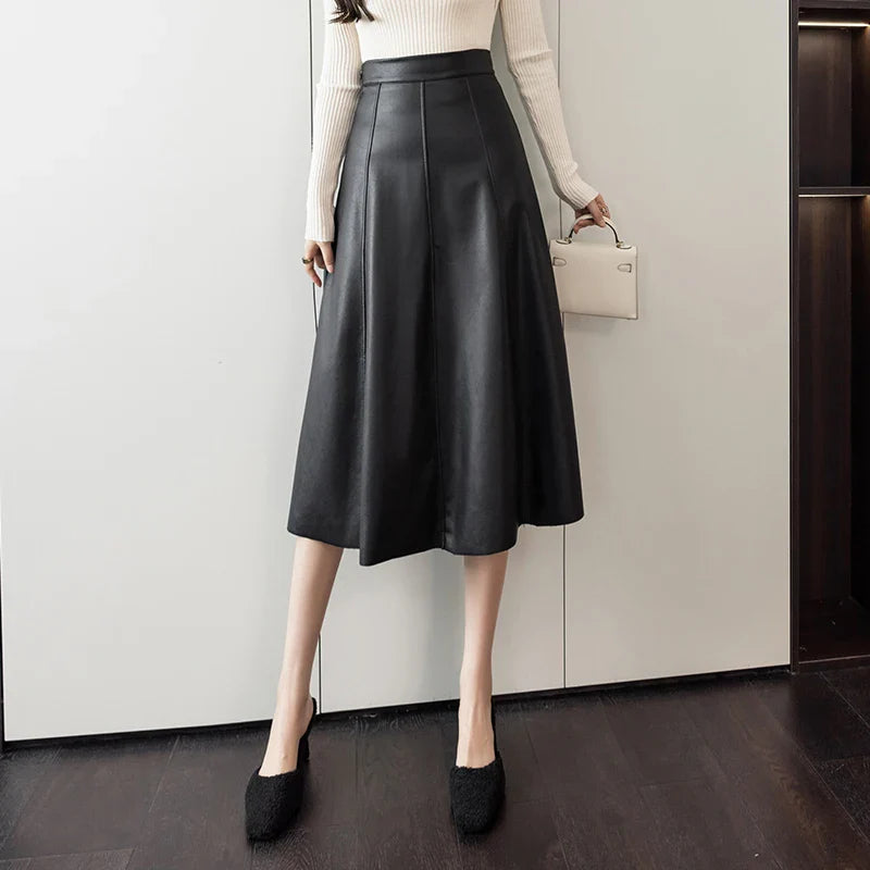 Leather Splicing High Waist Office Mid-length Skirt