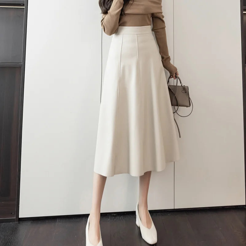 Leather Splicing High Waist Office Mid-length Skirt