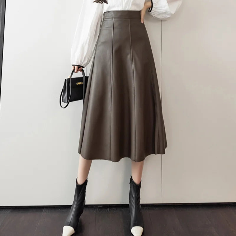 Leather Splicing High Waist Office Mid-length Skirt