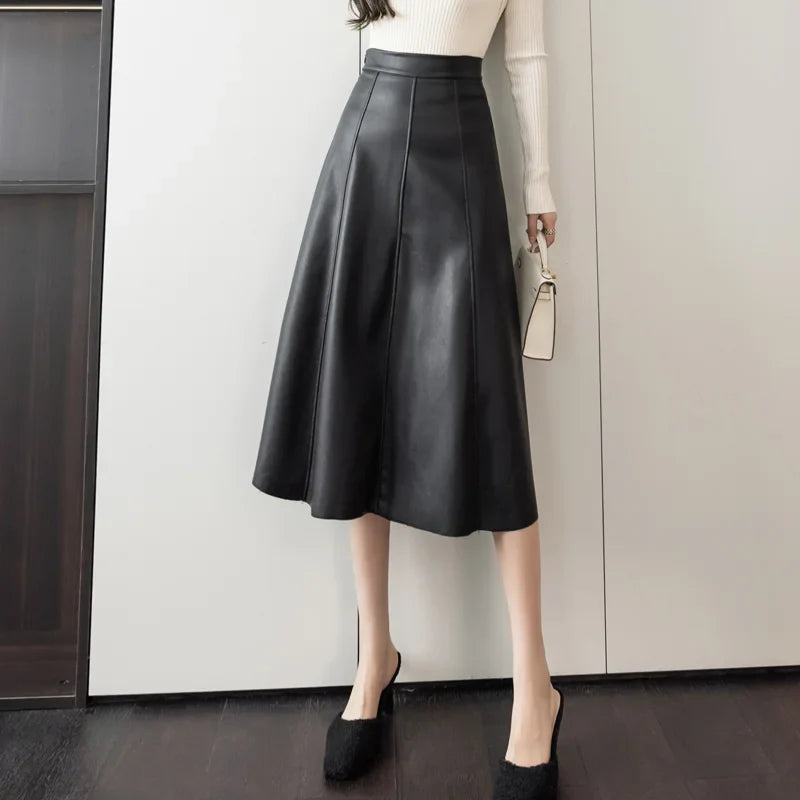 Leather Splicing High Waist Office Mid-length Skirt